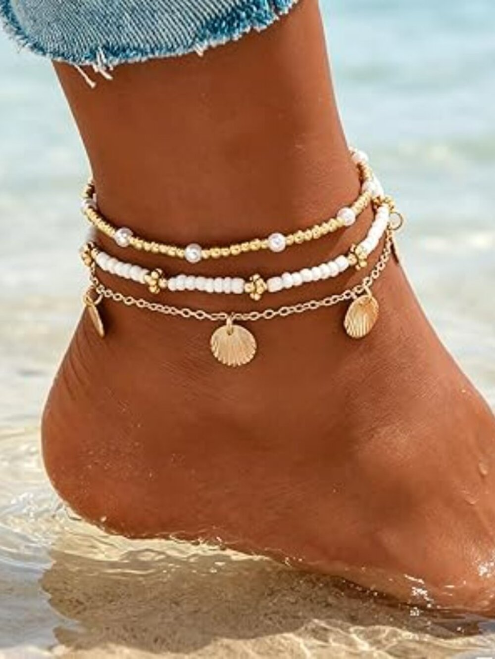 NEW 2 Pcs‎ Silver Shells Beads Ankle Bracelet Anklet Beach Ocean Vacation Summer